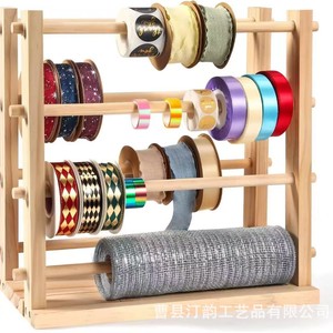 Two rows of wooden ribbon storage racks, wooden ribbon spool supports, <b>washi</b> <b>tape</b> craft room ribbon storage racks - Product Image 5