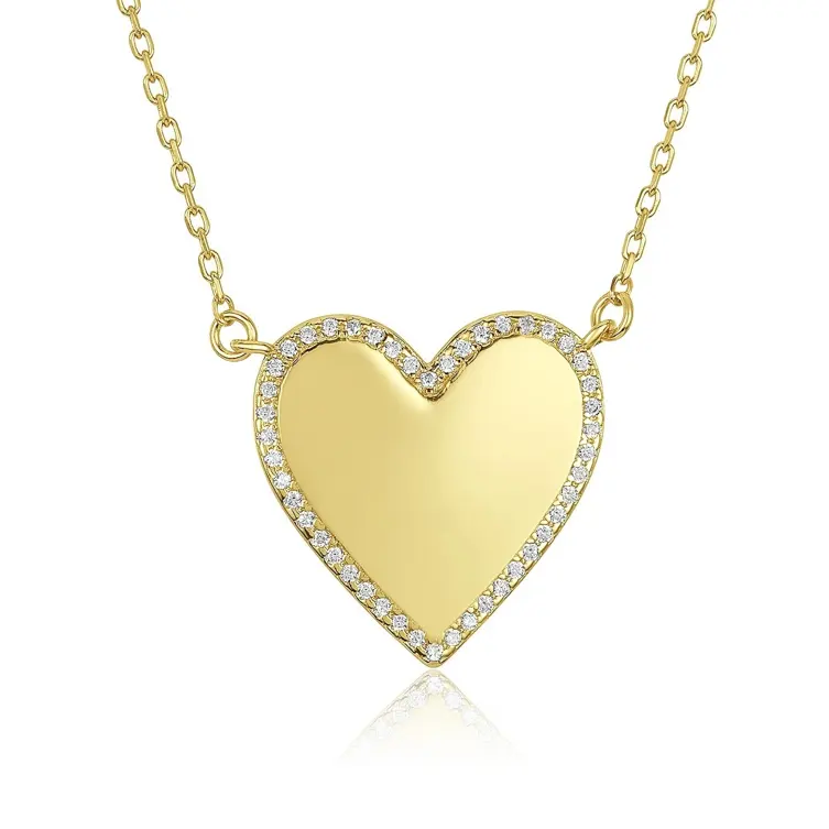 Customized 18K Gold Plated Pave White CZ Large Love Heart Charm Women Necklace
