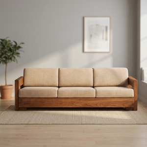 Minimalist Teak Wood Executive Lounge Settee with Premium Beige <b>Upholstery</b> - Product Image 1