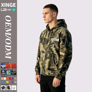 Custom LOGO Letter <b>Studded</b> Camo Zip UP Hoodie Bulk Vintage Washed Streetwear Hoodie Supplier - Product Image 1