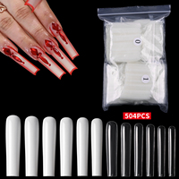 504 faux ongles XXL style français, longs, en acrylique, forme cercueil/trapèze, transparents/naturels, à demi-couverture