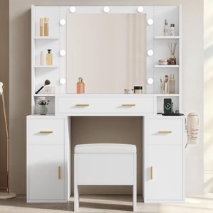 <span class=keywords><strong>Tocador</strong></span> Moderno Minimalista <span class=keywords><strong>Blanco</strong></span> con Panel de Madera, Espejo LED, Cajones de Almacenamiento y <span class=keywords><strong>Taburete</strong></span> <span class=keywords><strong>para</strong></span> Maquillaje, Ideal <span class=keywords><strong>para</strong></span> Apartamentos Pequeños - Product Image 4