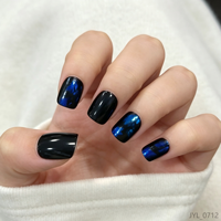 Faux Ongles Carrés à Pression en ABS, Motif Feuille Métallique Noire et Bleue, 24 Pièces, Vente en Gros, OEM, Étiquette Privée Personnalisée, Réutilisables