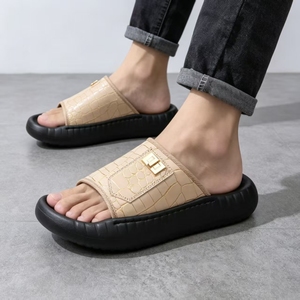 Chaussons plateforme pour hommes, patchwork contrastant, dessus en cuir croco métallisé de luxe, confortables, semelle épaisse, chaussons d'intérieur - Product Image 2
