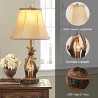 Lampe de table en bois de cerf à 3 voies à commande tactile pour chambre à coucher salon Foyer lampes en tissu décoratives avec 2 ports USB