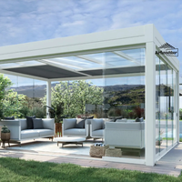 Moderne Classique 3x4m Elégant LED Pergola Gazebo Noir Aluminium Imperméable PVC Mur Terrasse Verre Mirador Pavillon Métal Nature