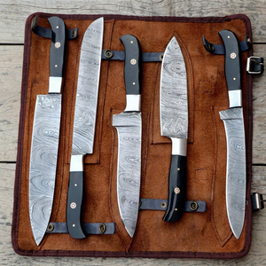 Ensemble de couteaux de cuisine en acier Damas, 5 pièces, manche noir, couteaux artisanaux à pointe tombante - Product Image 1