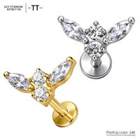 Piercing labret en titane ASTM F136 16G à filetage interne, avec papillon en zircone cubique, pour cartilage d'oreille, plaqué or, stérile