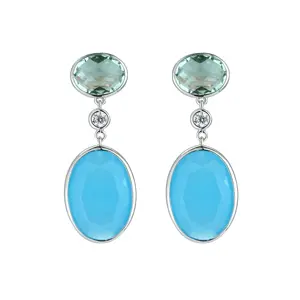 925 Sterling Silver potongan Oval biru sintetis buatan kristal pirus wanita anting menjuntai perhiasan