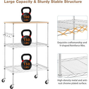 Chariot de micro-ondes avec <span class=keywords><strong>roulettes</strong></span>, chariot roulant à 3 niveaux, chariot de rangement multifonctionnel en métal pour la cuisine, chariots de cuisine sur <span class=keywords><strong>roulettes</strong></span>, bois + chrome - Product Image 4