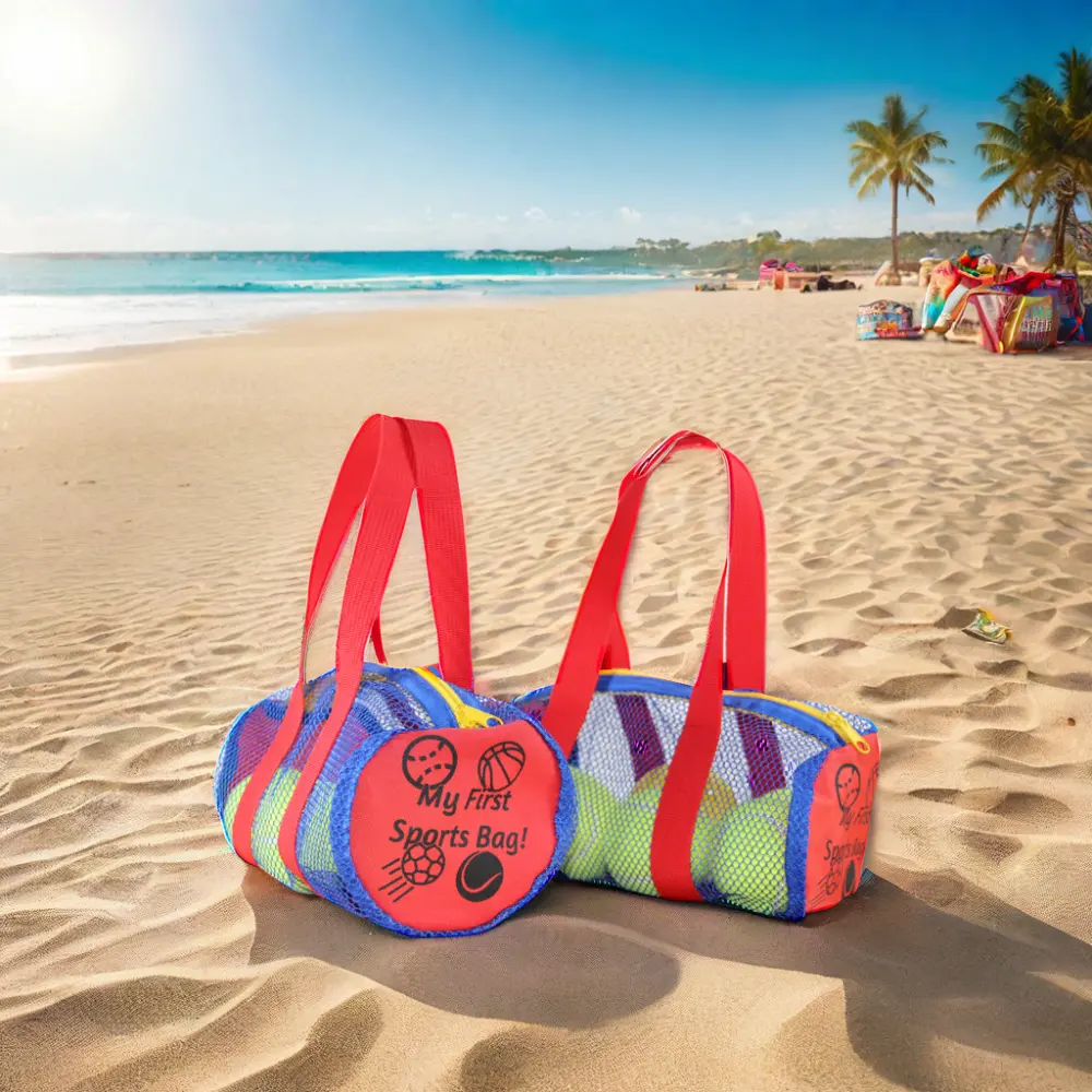 Saco de malha de poliéster personalizável e utilizável com zíper para brinquedos de golfe e esportes de natação, saco personalizado para promoção de praia