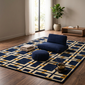 Alfombra Moderna Geométrica Azul Marino Rectangular Antideslizante con Diseño de Pelo Medio para Sala de Estar - Product Image 2
