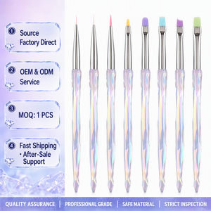 Lot de pinceaux à ongles professionnels avec manche en cristal, poils en nylon, logo personnalisé, OEM ODM, pour gel UV, outil de manucure pour salon de beauté - Product Image 1