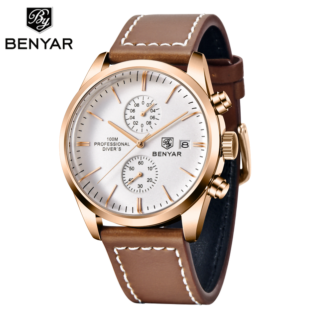 BENYAR 5187 Latest Men Quartz with Genuine Leather Band Novelty Top Rating Cheap Multifunction Chronograph Watches