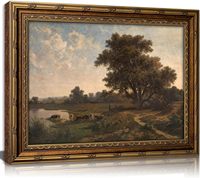 Toile encadrée dorée vintage avec paysage rural de troupeaux de rivières, décoration murale, échantillons OEM ODM prêts en moins d'une journée