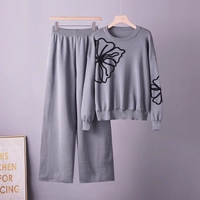 Ensemble deux pièces pour femmes, pull en tricot à col rond brodé, pantalon large, ensemble décontracté deux pièces, ensembles deux pièces pour femmes