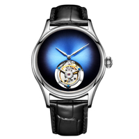 Montre de luxe chinoise à tourbillon, boîtier en acier inoxydable, cadran œil de léopard dégradé, bracelet en cuir tendance, verre saphir, étanche