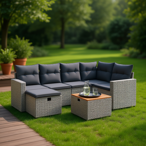 Conjunto de Sofás Modulares de Ratán Gris para Jardín, 6 Plazas, Colección de Muebles de Exterior, Diseño Premium - Product Image 2