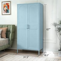 Armoire Métallique Haute Vintage Bleue Verrouillable, Autoportante, en Acier Laminé à Froid, avec Portes à Charnières Arquées Gaufrées et Pieds Surélevés, pour la Maison
