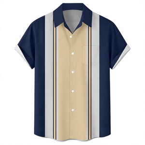 Camisa de Manga Corta con Paneles Verticales Azul Marino y Beige, con Botones y Diseño Casual con Rayas en Contraste Clásicas - Product Image 1