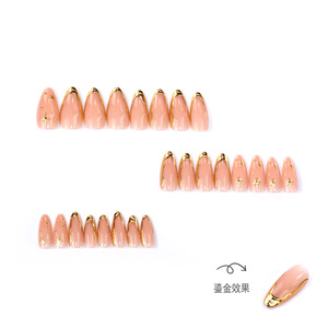 Faux ongles courts en amande à presser, motif étoile 3D dorée, nude minimaliste, réutilisables, <span class=keywords><strong>manucure</strong></span> de luxe quotidienne, vente en gros - Product Image 4