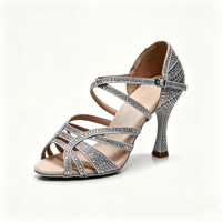 Chaussures de danse latine professionnelles pour femmes, paillettes argentées, talons hauts en strass, semelle en daim souple, chaussures de danse salsa, bachata, ballroom