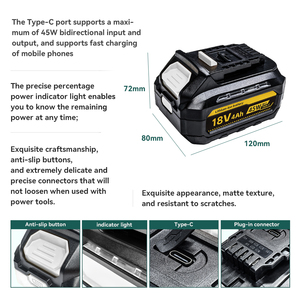 <strong>18V</strong> 5Ah Solid State <strong>Battery</strong> <strong>with</strong> USB Type-C PD and USB-A Ports (5V2.4A) 90W Replacement for DCB184 Power Tool <strong>Cordless</strong> <strong>Drill</strong> - Product Image 5