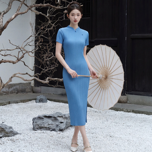 Casual Romantic Collar Pencil <b>Dress</b> Ruched Pleated Midi <b>Dress</b> Solid Color Woven Polyester Breathable <b>Elastic</b> Waist Anti-Wrinkle - Product Image 4