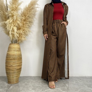 6674# Summer Fast Fashion 2 Piece <b>Set</b> Satin Printed Pant <b>Sets</b> With Buttons Long Cardigan Loose Women Pants for Muslim Women - Product Image 5
