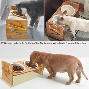 ODM OEM Eco-friendly Ceramic Cat <b>Dog</b> <b>Bowls</b> Adjustable Elevated Wooden <b>Food</b> Water Stand Double Tilted <b>Raised</b> Pet Dish Charge - Product Image 2