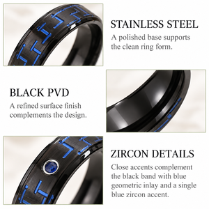 Black PVD Stainless Steel Zircon Band <b>Ring</b> with Geometric Color Inlay Blue <b>Green</b> and Red Color Options - Product Image 4