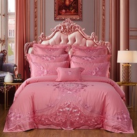 Ensemble de literie de mariage rose de luxe, 100% coton, housse de couette brodée florale, taille Queen/King, cadeau de mariage