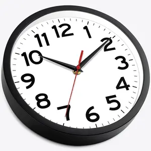 Promozione orologio da parete in plastica a buon mercato cornice nera quadrante bianco 10 pollici silenzioso moderno classico quarzo rotondo orologi personalizzati
