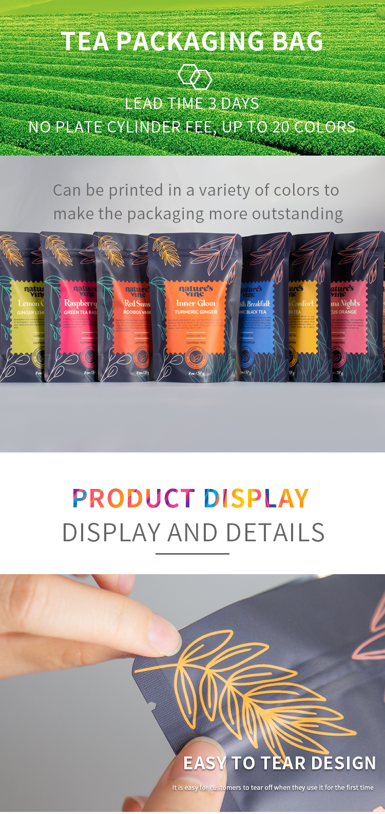 Plastic Tea Packaging Stand Up Pouch With Standard Size Multiple Colors For Tea