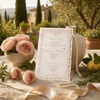 Carte d'invitation de mariage personnalisée avec bord festonné gaufré, motif floral en spirale, motif coquillage, écriture dorée, suite de destination