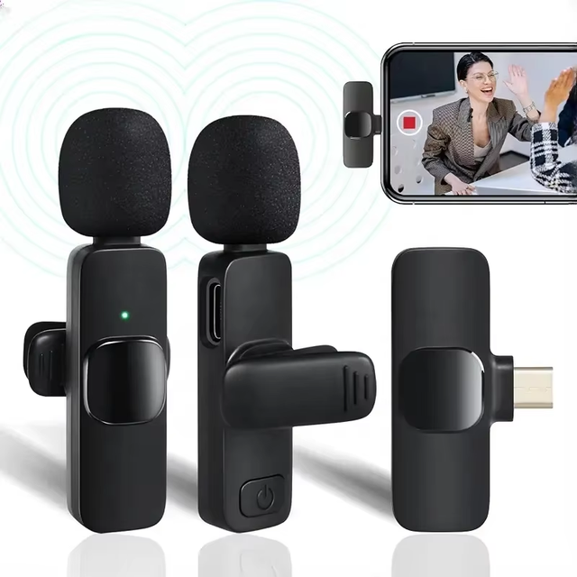 New Live Noise Cancelling Wireless Clip Lavalier Condenser Microphone with LED Lights 2.4Ghz Recording for Smartphone USB Type-C