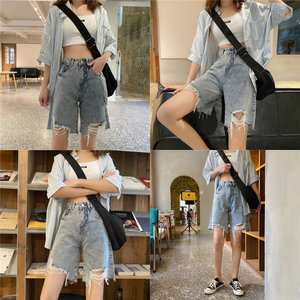Shorts en jean <span class=keywords><strong>taille</strong></span> <span class=keywords><strong>haute</strong></span> élastiques pour femmes, fente latérale, été, coupe slim, jambe <span class=keywords><strong>large</strong></span>, couleur unie, shorts en jean vintage pour femmes - Product Image 4