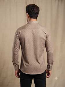 เสื้อเชิ้ตผ้าฝ้ายทวิลล์สำหรับผู้ชาย ลายพิมพ์เรขาคณิตเล็กๆ สีมารูน เบจ และสีขาว แขนยาว สวมใส่สบายๆ แฟชั่นลำลอง - Product Image 2