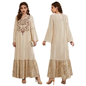 Wholesale women's apricot hedging long-sleeved solid color embroidery stitching robe long skirt muslin Islamic ladies dress