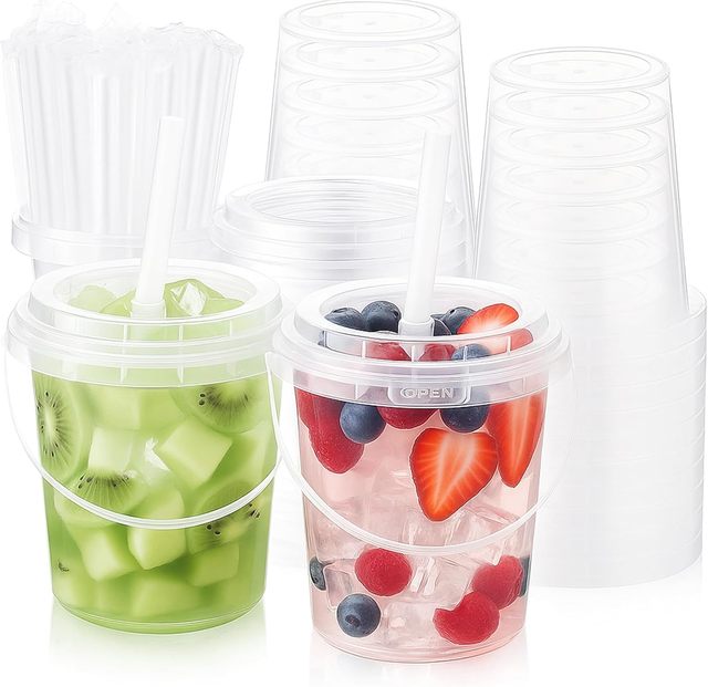 Reusable Clear Plastic Drink Buckets Portable Drink Food Containers PP Party Pails Lemonade Buckets with Lids and Straws