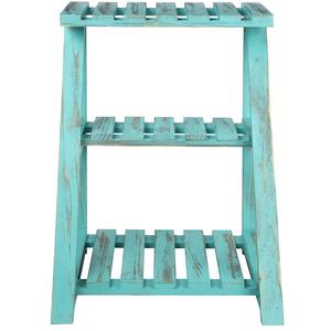Étagère à plantes à 3 niveaux en bois turquoise rustique vintage, petit organisateur pour pot de fleurs, balcon intérieur, patio, décoration - Product Image 5