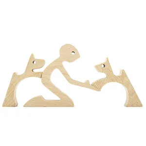 可爱小狗家庭木质迷你雕像雕刻情侣雕像工艺餐桌摆件定制圣诞装饰用品