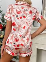 ODM Set Piyama Wanita Kasual Kerah Pendek Satin Dua Potong dengan Finishing Satin Halus untuk Pakaian Rumah dengan Cetakan Natal