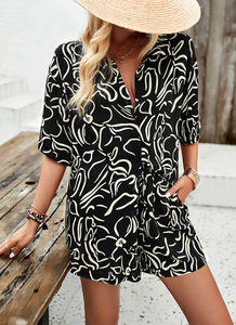 Conjunto de ropa de salón de 2 piezas con estampado informal <span class=keywords><strong>XS</strong></span> para <span class=keywords><strong>mujer</strong></span>, camisas de manga corta, pantalones cortos para primavera, verano, oficina en casa, adecuado al por mayor - Product Image 6