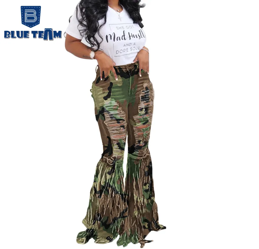 Blue Team benutzer definierte Großhandel Damen Jeans Fransen Denim Shorts Damen Jeans lässig Camouflage grün enge Jeans Frauen