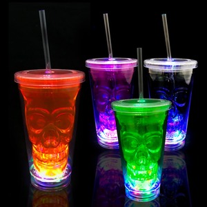 16oz Led Plastic <strong>Skull</strong> Double Wall Beer Cup With Lid Led Halloween Luminous Drink Cup With Straw Led <strong>Skull</strong> Plastic Cup