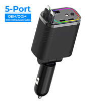 Chargeur de voiture rétractable 5 en 1 avec 2 câbles intégrés, charge rapide PD3.0, adaptateur allume-cigare 12V/24V pour iPhone