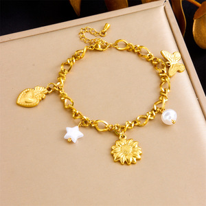 Gold Plated Stainless Steel Charm Bracelet With Star Sunflower Heart Butterfly Pendant For Women Gift Jewelry B1538 - Product Image 1
