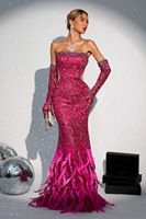 Robe de soirée haute couture 2024, nouvelle collection pour femmes, gants de luxe, élégante, strass, plumes, rouge rose, paillettes, sans bretelles