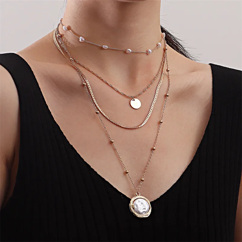 Women Jewelry Stacking Trend Multi-layer Flat Long Snake Chain Love Pearl Geometric Disc Multilayer Pearl Necklace